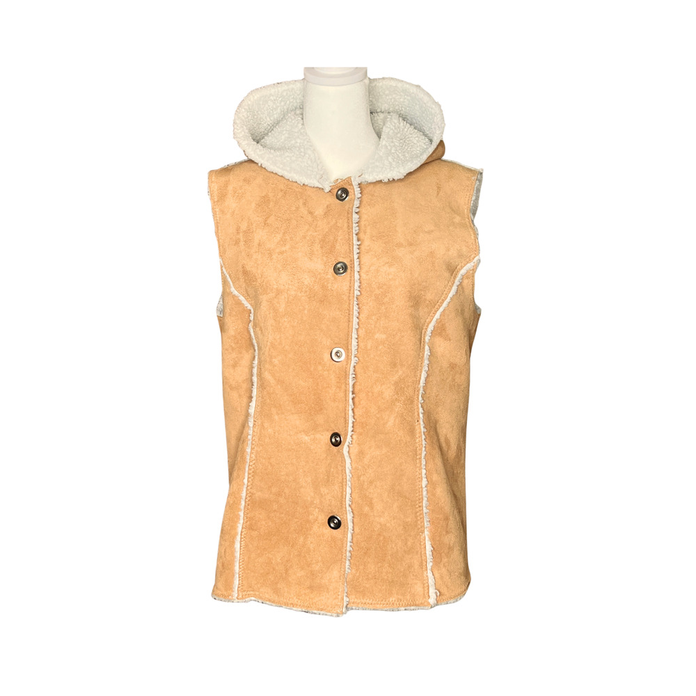 Vtg Denim & Co Faux Suede Sherpa Vest S Camel Hooded Boho Western Indie Country